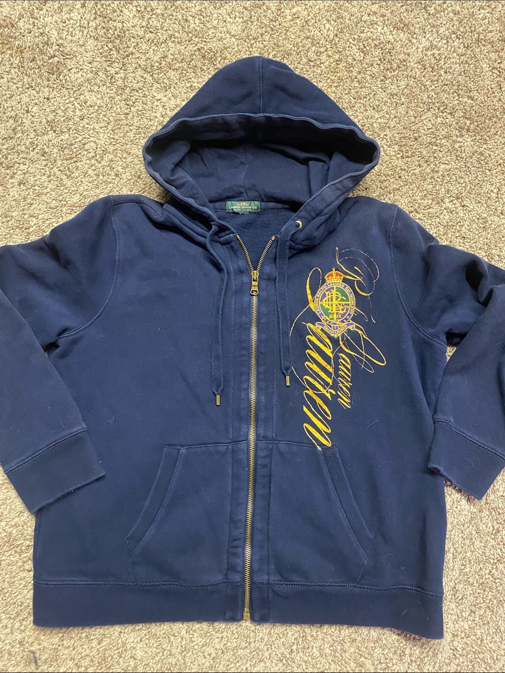 Lauren Ralph Lauren Navy Zip Hoodie with Gold Script Crest Women’s Large - 1505